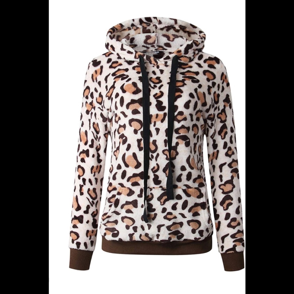 Women's Casual Leopard Print Cute Hoodies Long Sleeve Pullover Fuzzy with Pocket